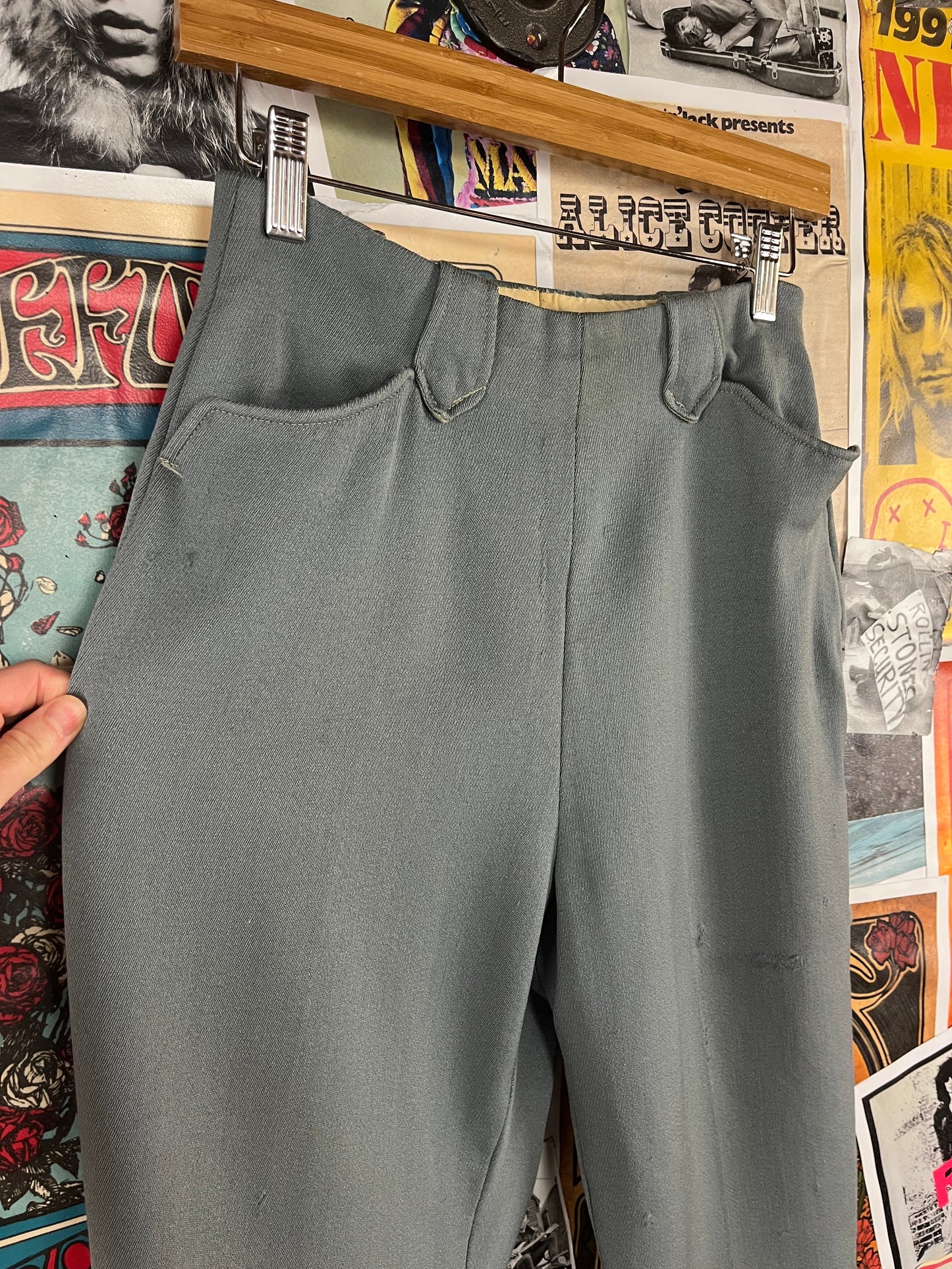 Vintage Women's 1940s-50s Grey Wool Gabardine H Bar Ranchwear High Rise Rockabilly Trouser Pants 25x27