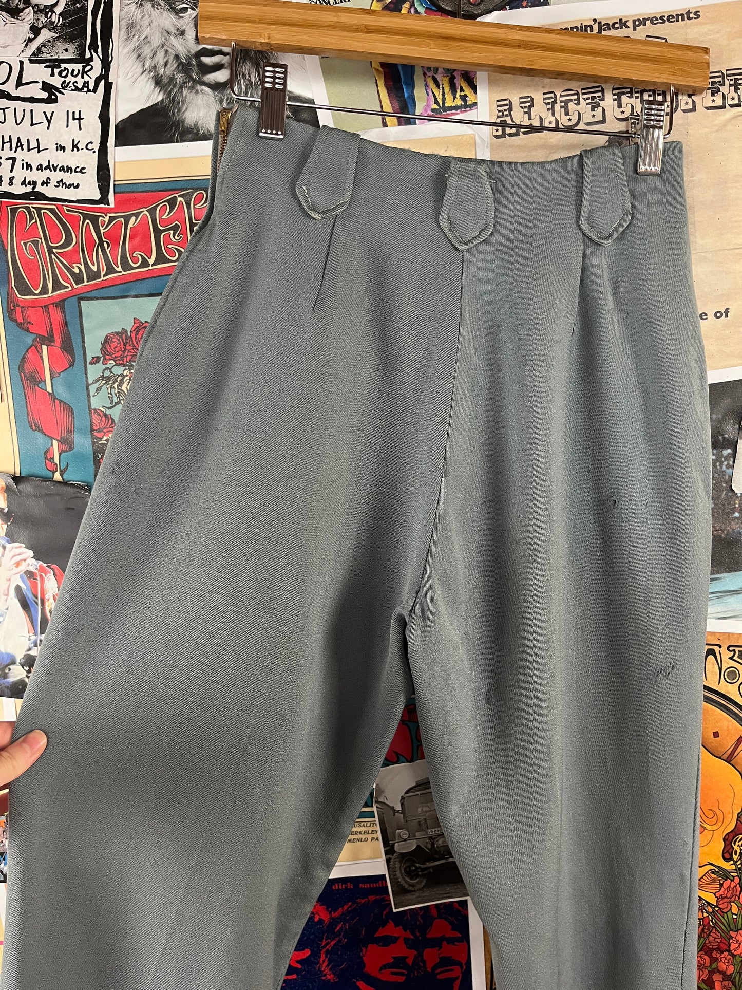 Vintage Women's 1940s-50s Grey Wool Gabardine H Bar Ranchwear High Rise Rockabilly Trouser Pants 25x27