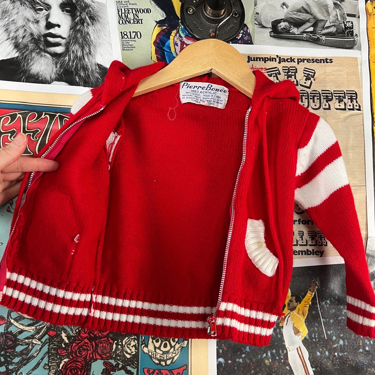 Vintage Baby Kids 70s-80s Red White Pierre Bonée Knit Hooded Cardigan Sweater 9-12 Months
