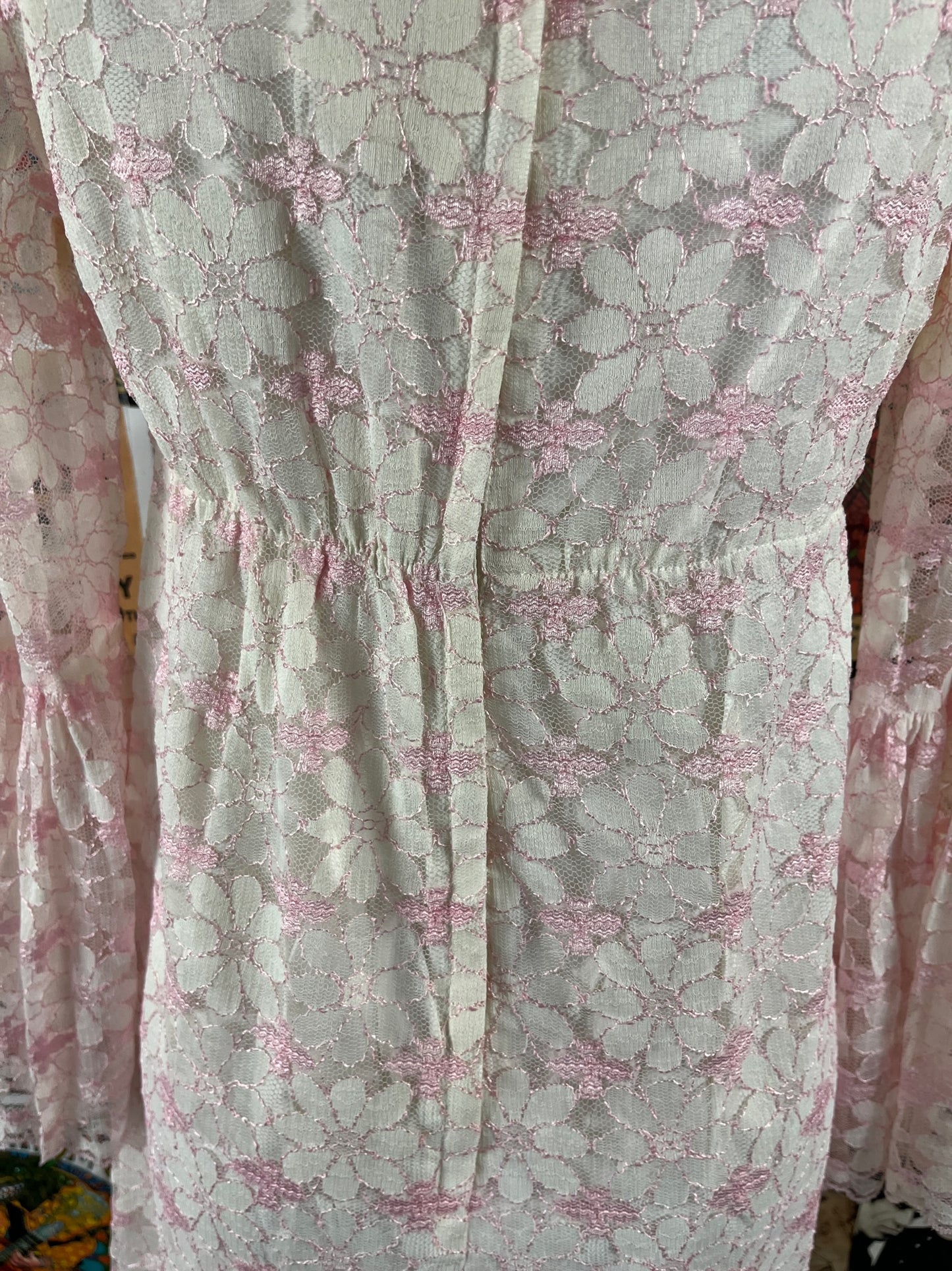 Vintage Women's 60s White Pink Floral Lace Ribbon Bell Sleeve Babydoll Mini Dress XS Retro