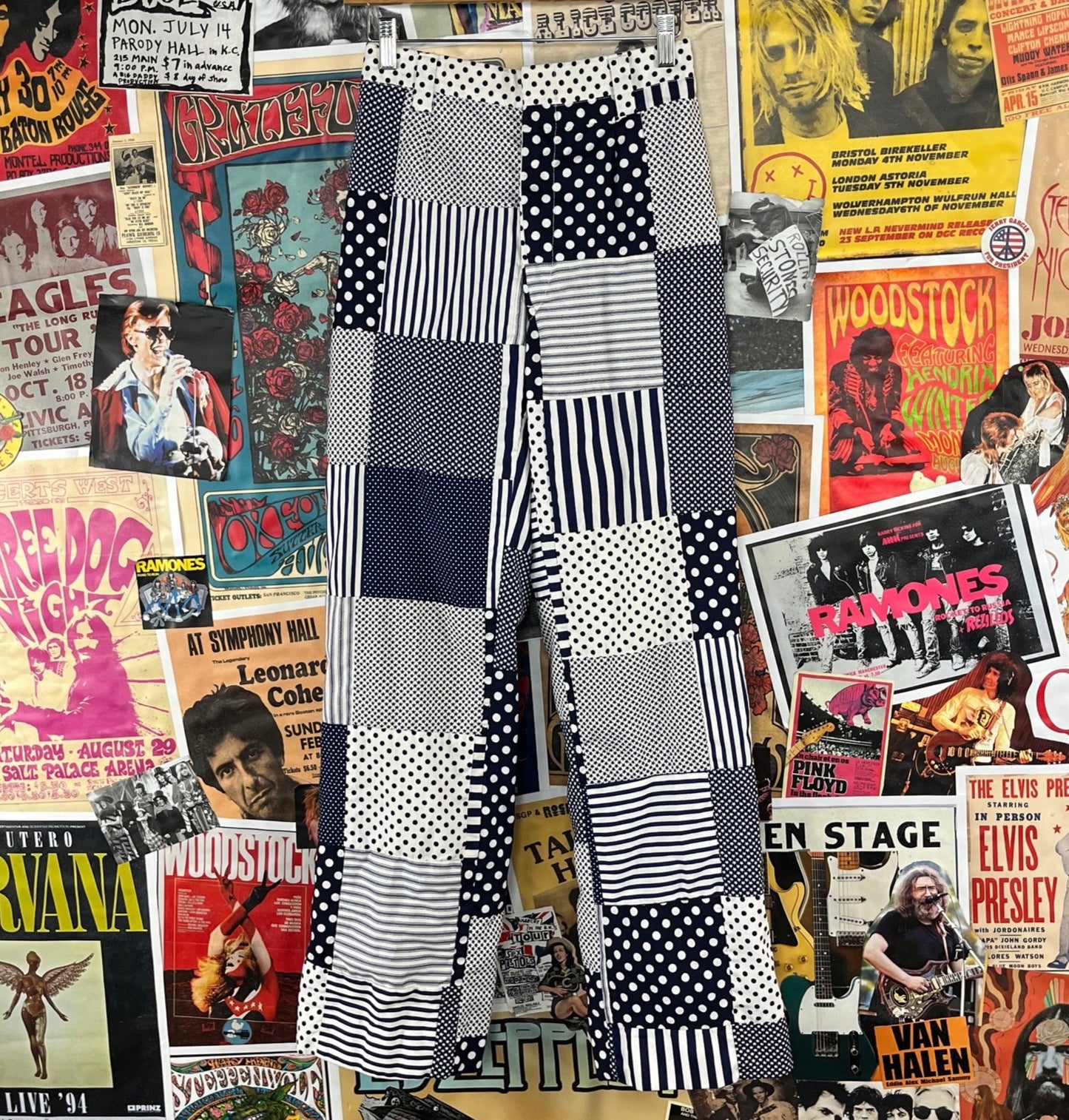 Vintage retro 60s 70s blue and white patchwork stars striped polka dot print trousers mod 4th of July pants 25 waist