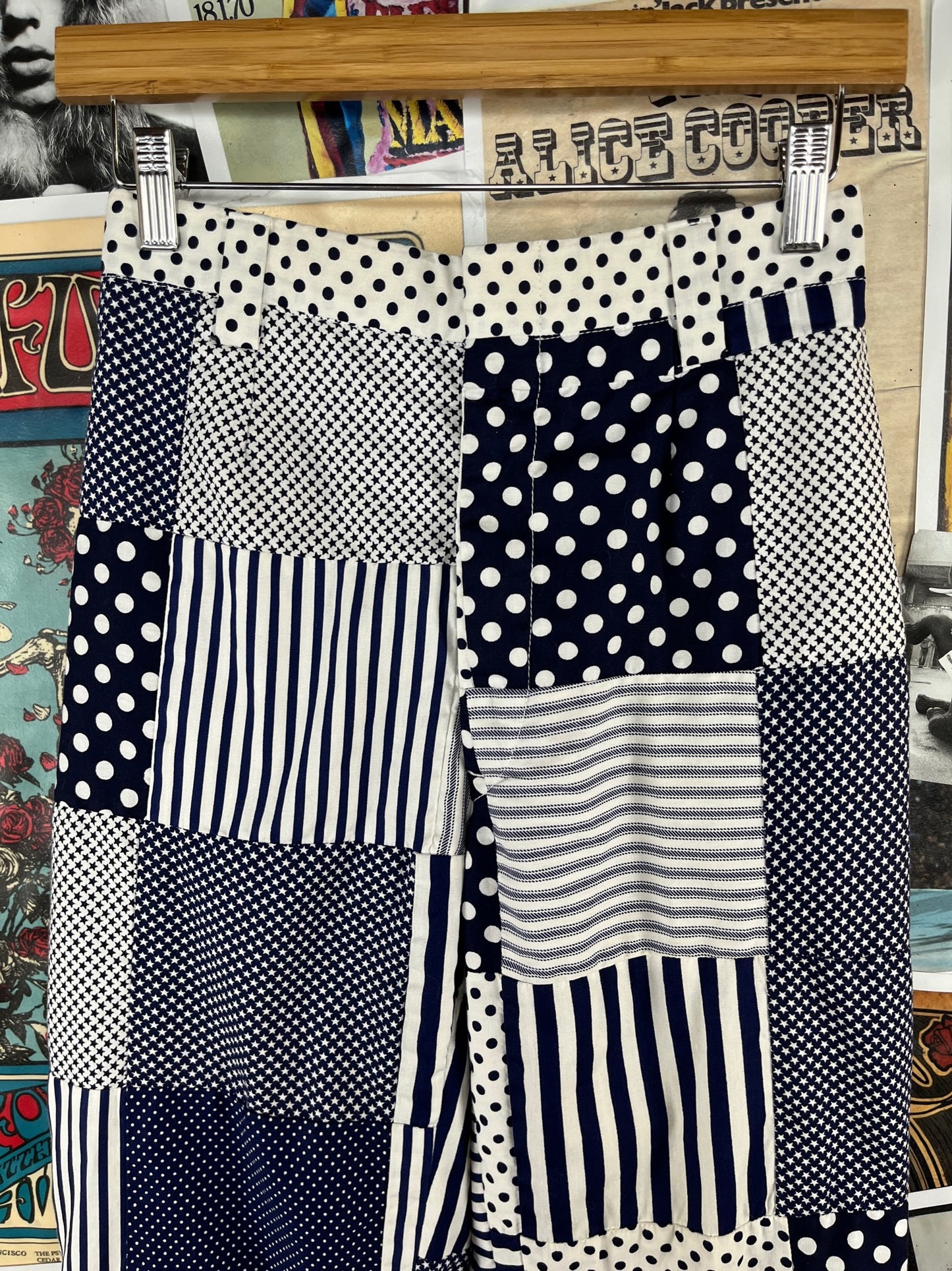 Vintage Women's 60s-70s Blue and White Polka Dot Stars Patchwork Print Lady Albert Ltd Mid Rise Mod Trousers Pants 25" Waist