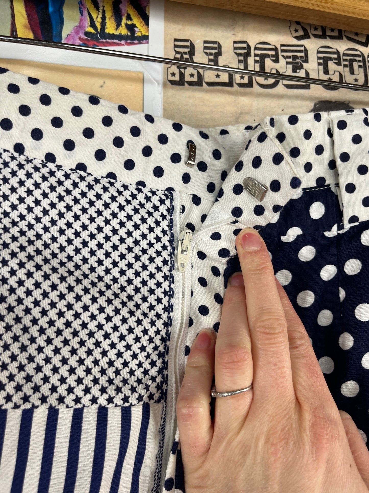 Vintage Women's 60s-70s Blue and White Polka Dot Stars Patchwork Print Lady Albert Ltd Mid Rise Mod Trousers Pants 25" Waist
