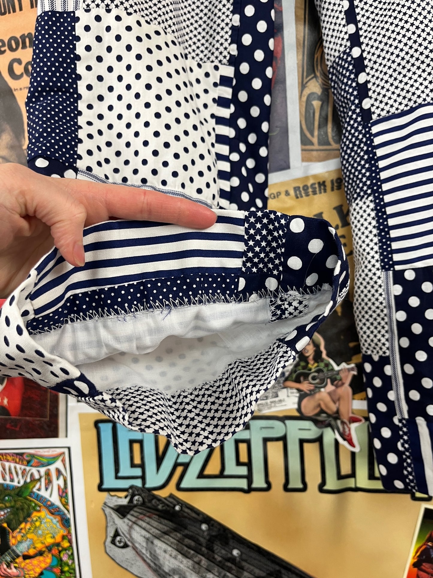 Vintage Women's 60s-70s Blue and White Polka Dot Stars Patchwork Print Lady Albert Ltd Mid Rise Mod Trousers Pants 25" Waist