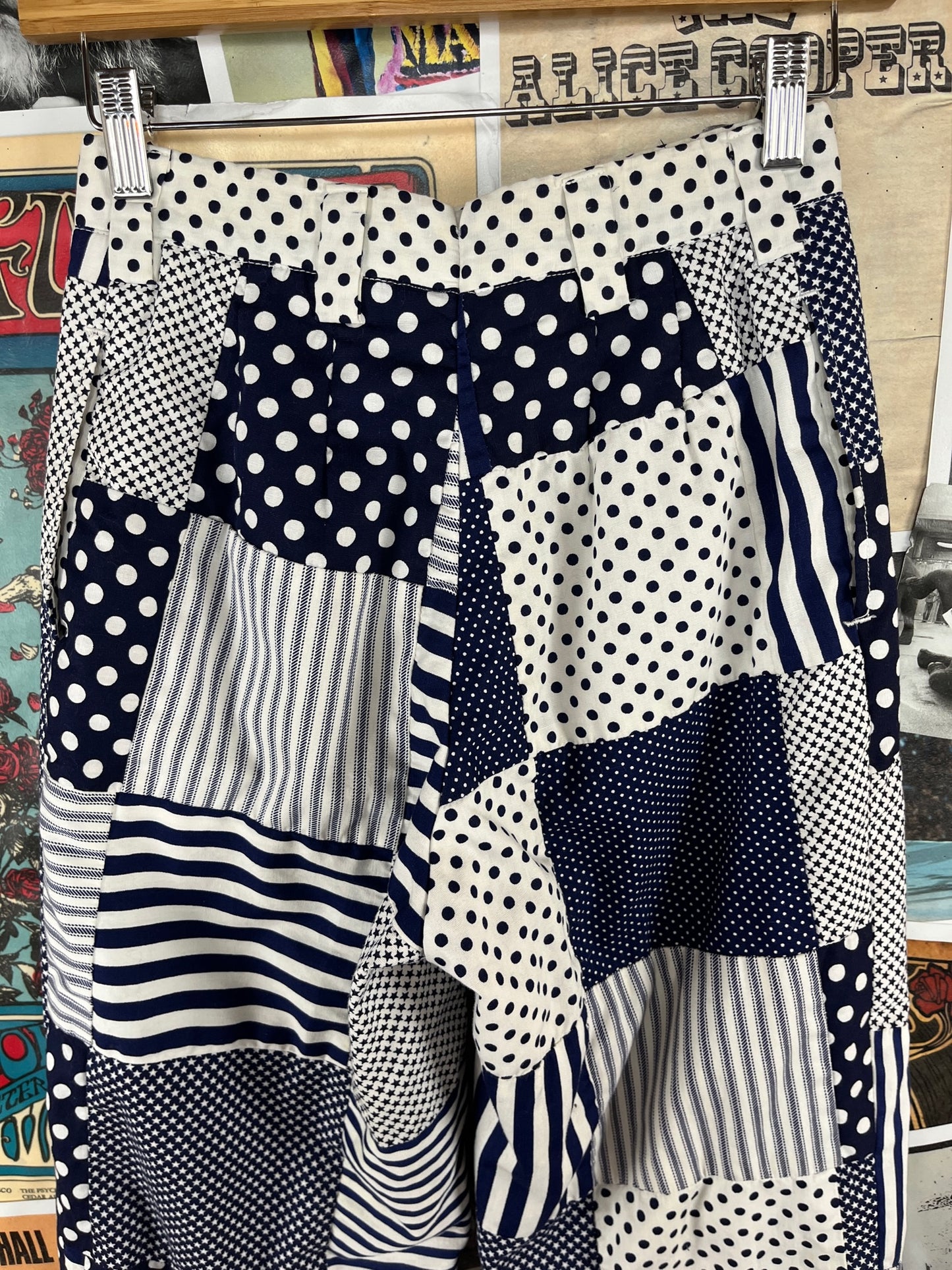 Vintage Women's 60s-70s Blue and White Polka Dot Stars Patchwork Print Lady Albert Ltd Mid Rise Mod Trousers Pants 25" Waist