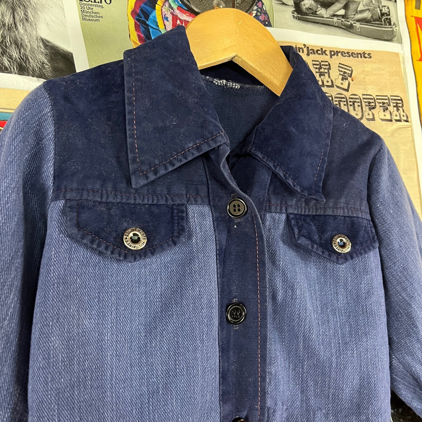 Vintage Toddler Kids Girls Retro 70s Blue Two Tone Denim Velvet Cropped Collared Button Up Shirt Shacked Jacket 4T