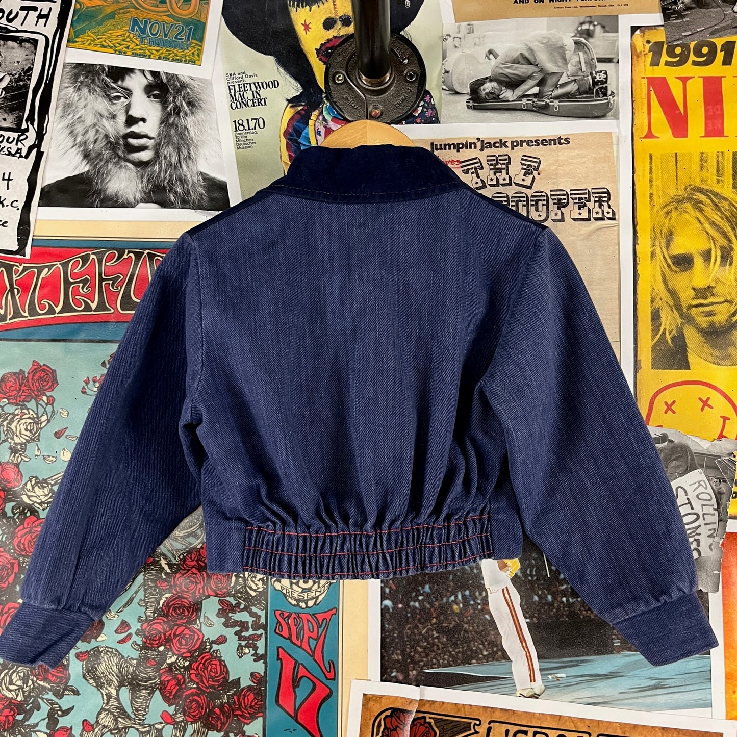 Vintage Toddler Kids Girls Retro 70s Blue Two Tone Denim Velvet Cropped Collared Button Up Shirt Shacked Jacket 4T
