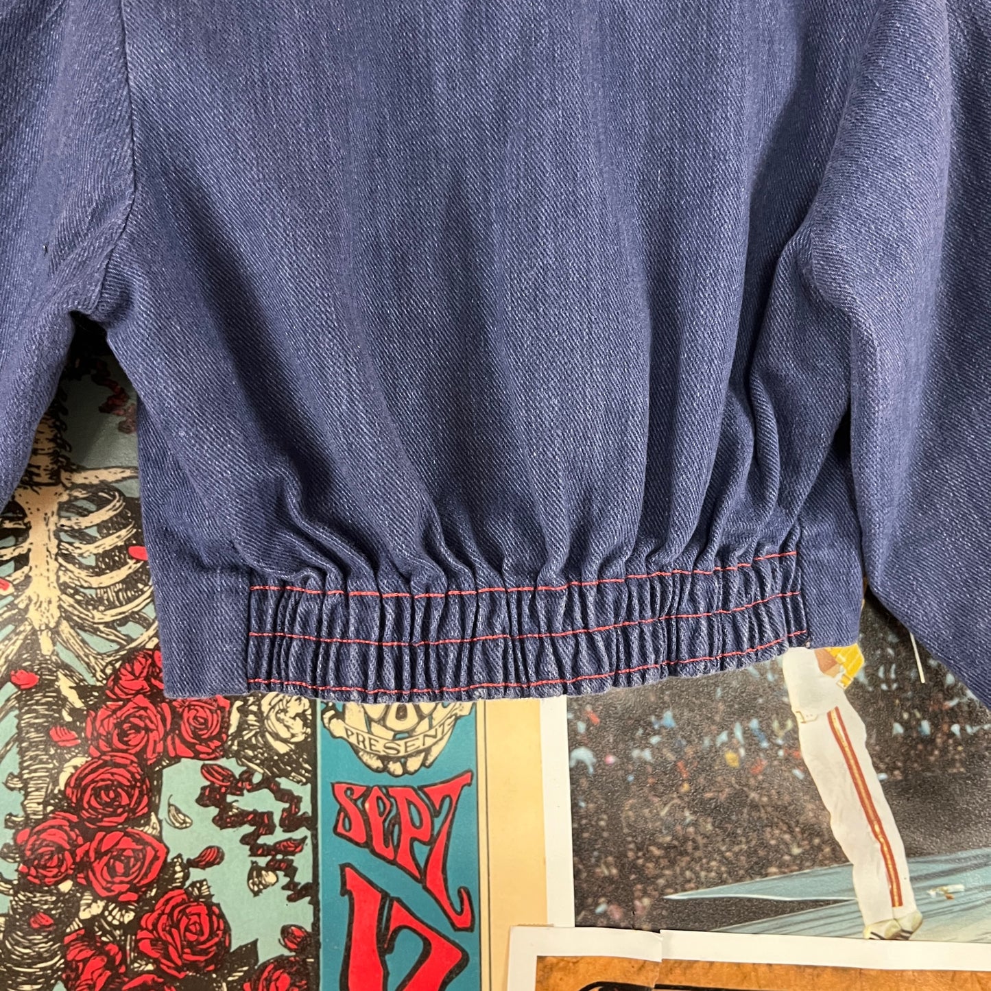 Vintage Toddler Kids Girls Retro 70s Blue Two Tone Denim Velvet Cropped Collared Button Up Shirt Shacked Jacket 4T