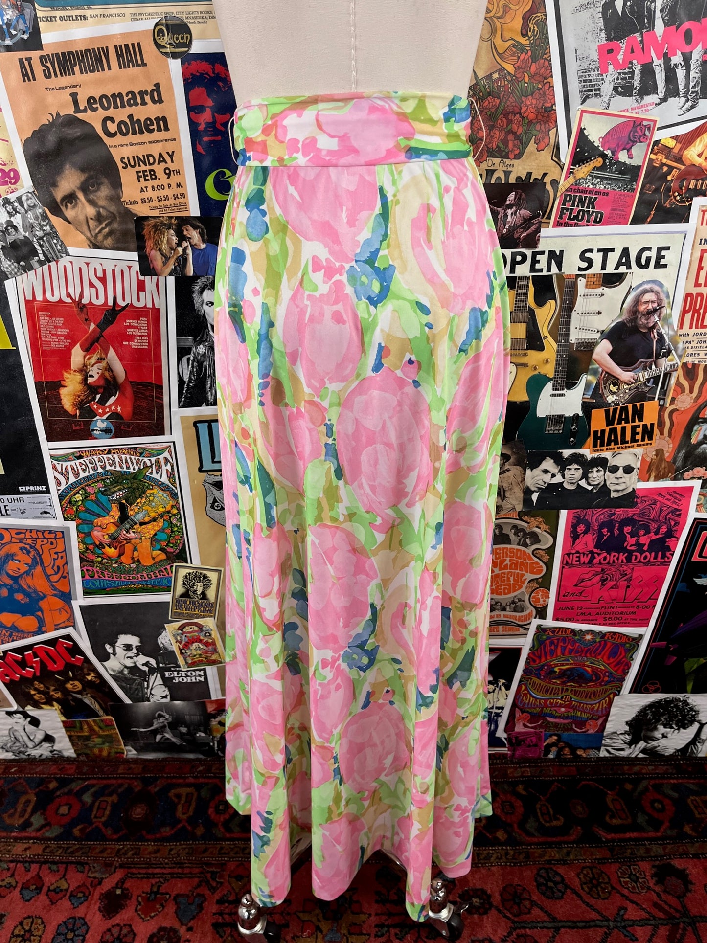 Vintage Womens 70s Pink Watercolor Floral Print High Waisted Belted Jackfin Maxi Skirt 24" Waist