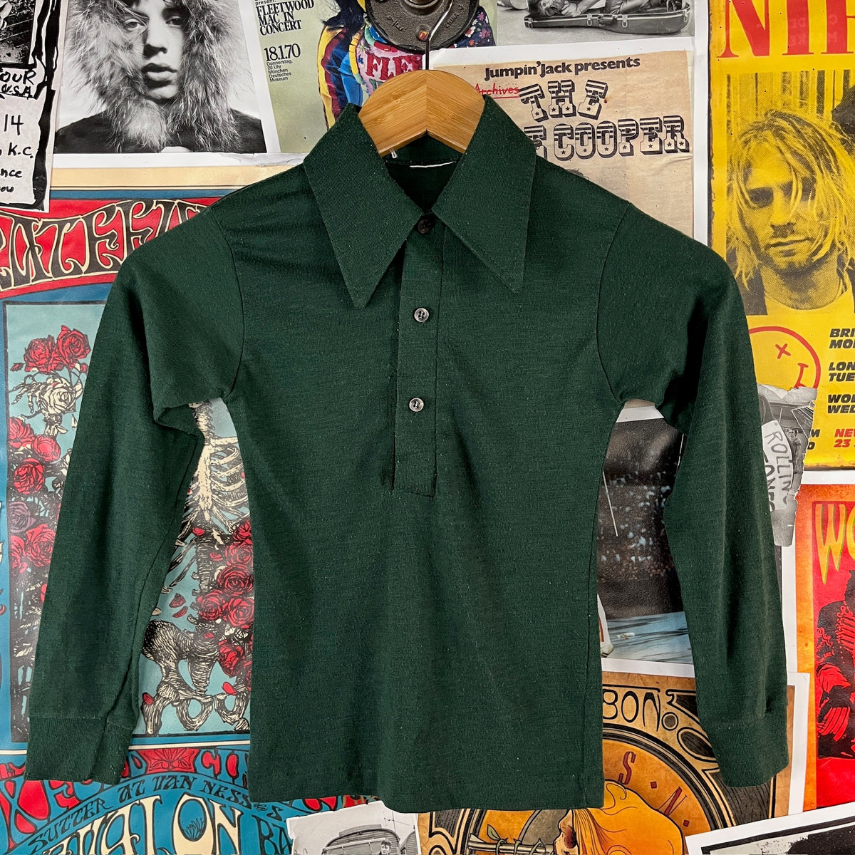 Vintage Boys Kids 70s Solid Green Polo Pullover Shirt Size 6 Slim Ages 5-6