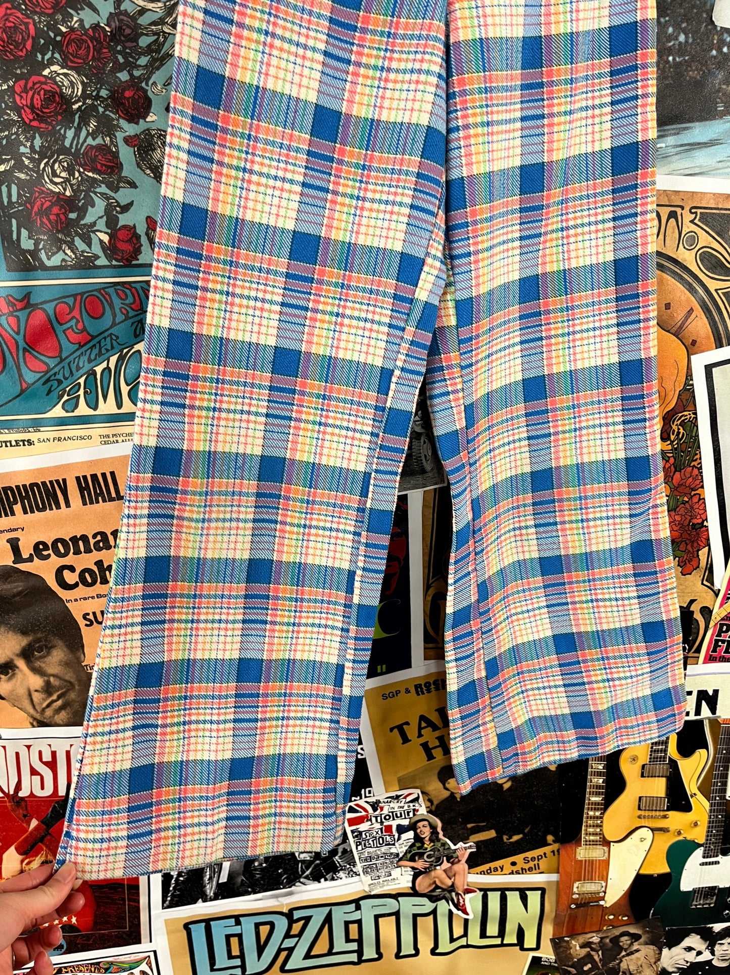 Vintage Kids Girls 70s Groovy Retro Blue Rainbow Plaid Elastic Waist Belted Flares Trouser Pants Size 8 Slim Ages 7-8