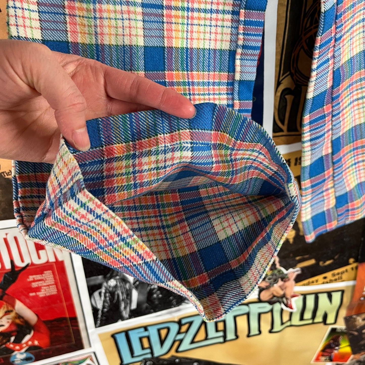 Vintage Kids Girls 70s Groovy Retro Blue Rainbow Plaid Elastic Waist Belted Flares Trouser Pants Size 8 Slim Ages 7-8