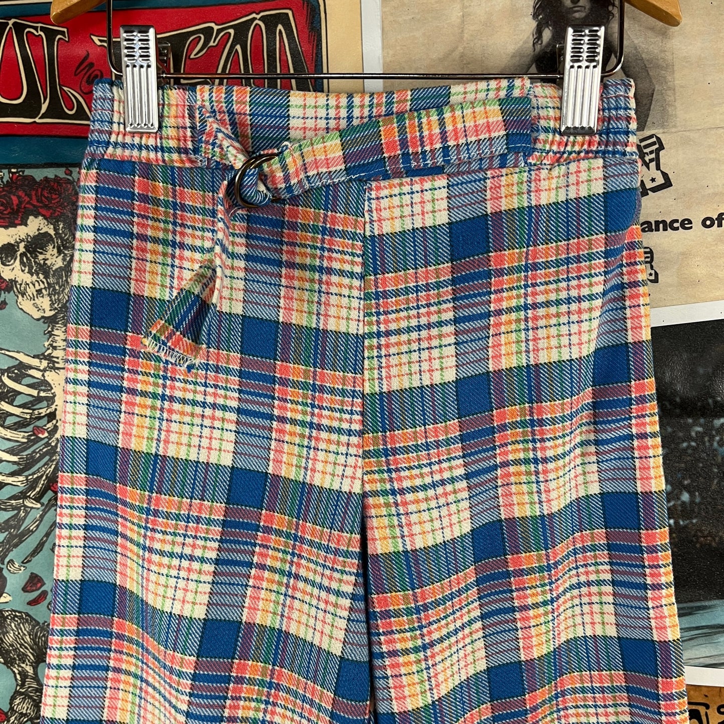 Vintage Kids Girls 70s Groovy Retro Blue Rainbow Plaid Elastic Waist Belted Flares Trouser Pants Size 8 Slim Ages 7-8