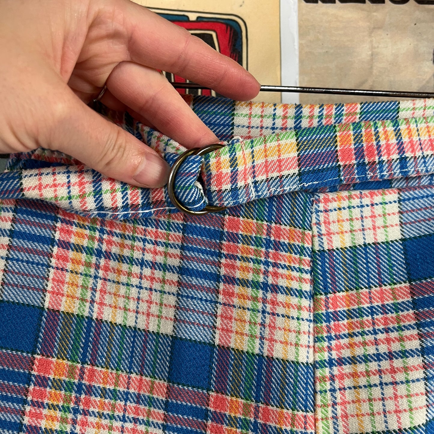 Vintage Kids Girls 70s Groovy Retro Blue Rainbow Plaid Elastic Waist Belted Flares Trouser Pants Size 8 Slim Ages 7-8