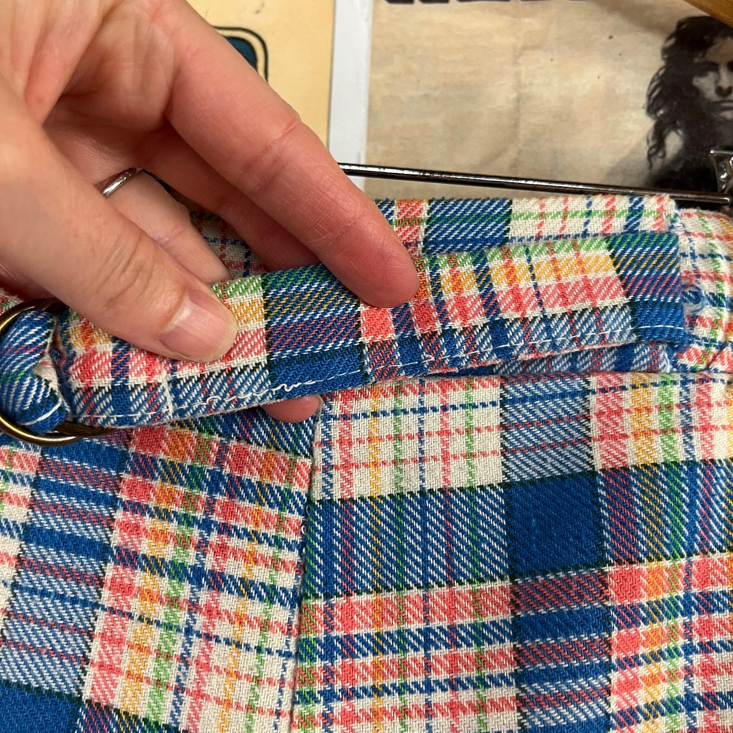 Vintage Kids Girls 70s Groovy Retro Blue Rainbow Plaid Elastic Waist Belted Flares Trouser Pants Size 8 Slim Ages 7-8
