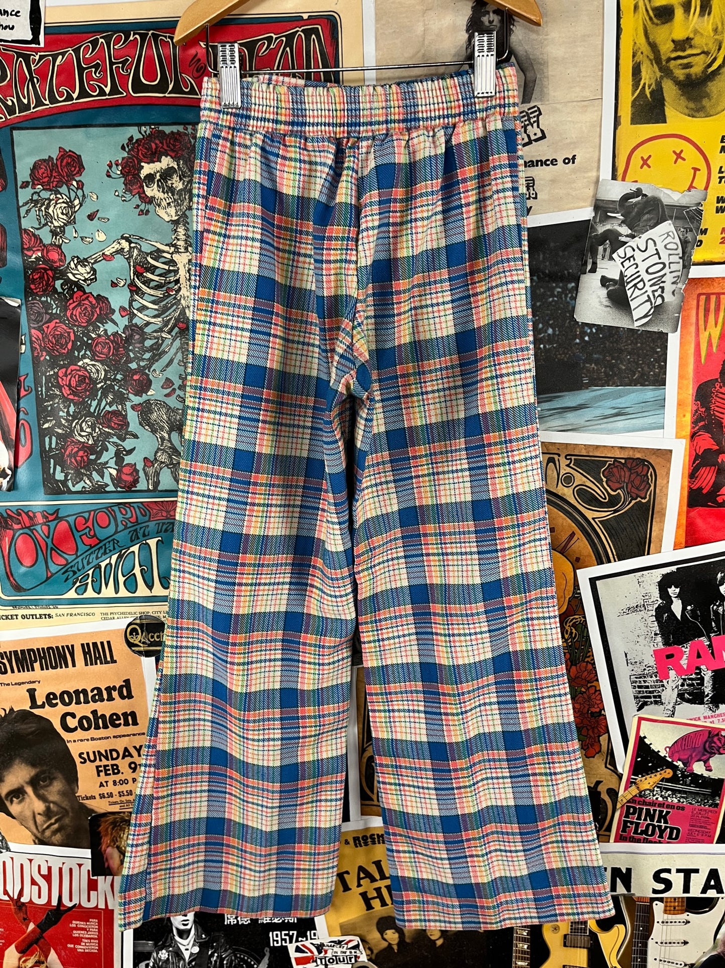 Vintage Kids Girls 70s Groovy Retro Blue Rainbow Plaid Elastic Waist Belted Flares Trouser Pants Size 8 Slim Ages 7-8