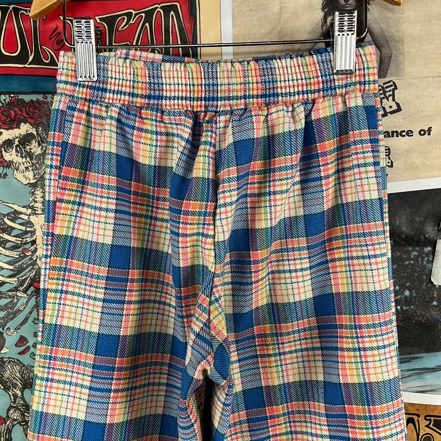 Vintage Kids Girls 70s Groovy Retro Blue Rainbow Plaid Elastic Waist Belted Flares Trouser Pants Size 8 Slim Ages 7-8