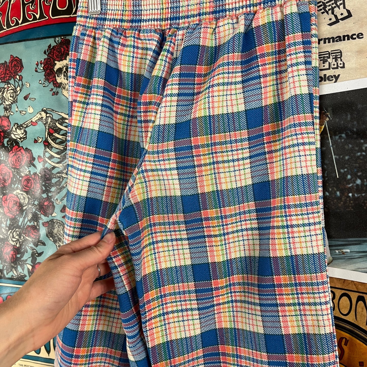 Vintage Kids Girls 70s Groovy Retro Blue Rainbow Plaid Elastic Waist Belted Flares Trouser Pants Size 8 Slim Ages 7-8