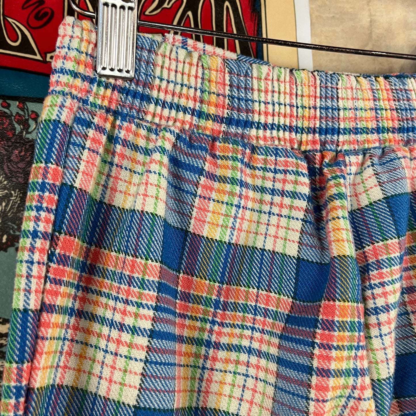 Vintage Kids Girls 70s Groovy Retro Blue Rainbow Plaid Elastic Waist Belted Flares Trouser Pants Size 8 Slim Ages 7-8