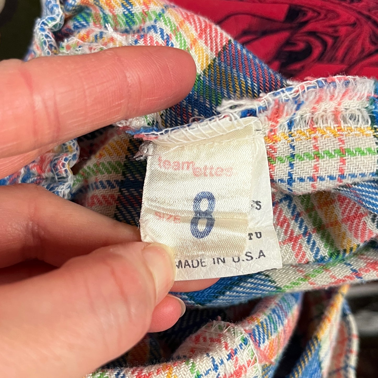 Vintage Kids Girls 70s Groovy Retro Blue Rainbow Plaid Elastic Waist Belted Flares Trouser Pants Size 8 Slim Ages 7-8