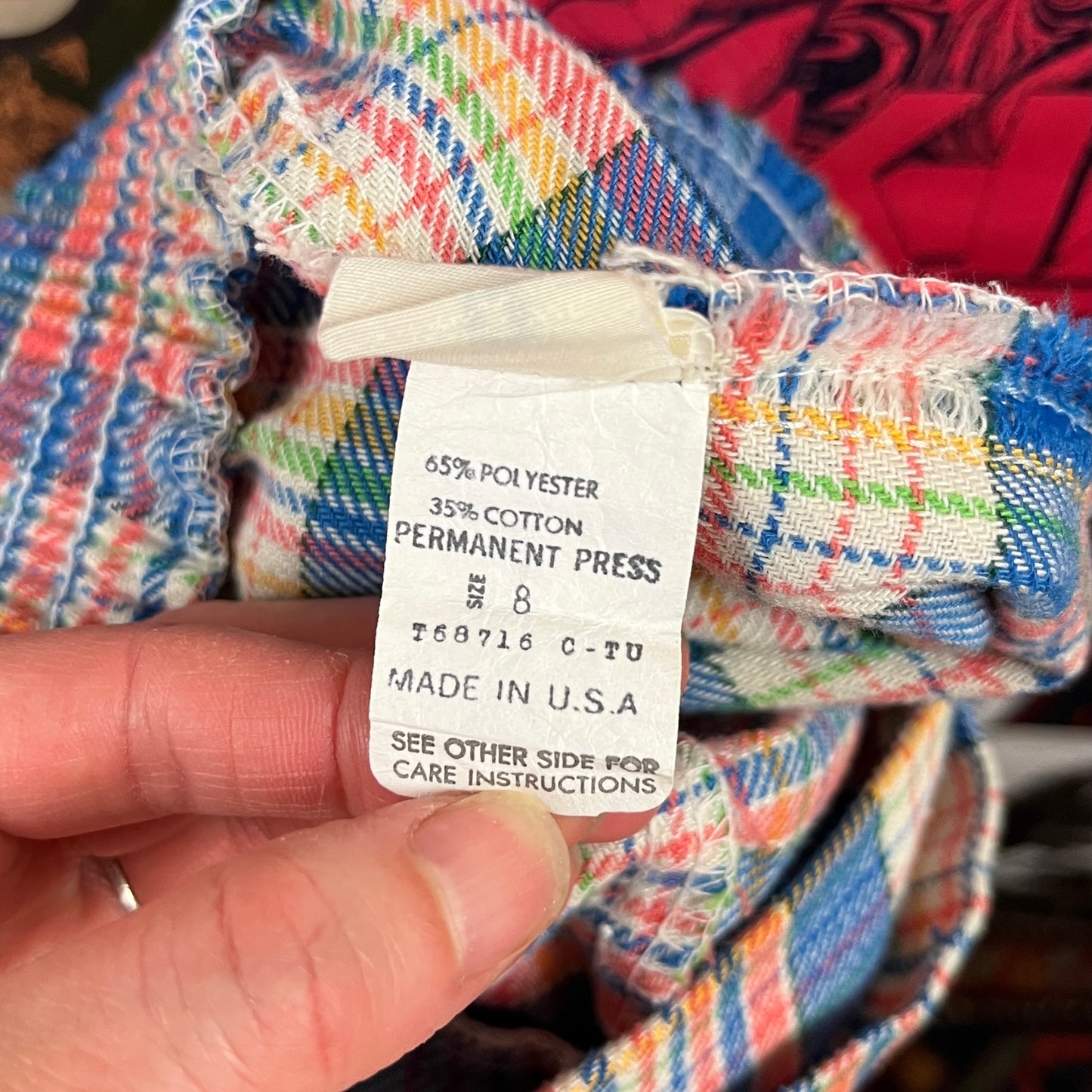 Vintage Kids Girls 70s Groovy Retro Blue Rainbow Plaid Elastic Waist Belted Flares Trouser Pants Size 8 Slim Ages 7-8