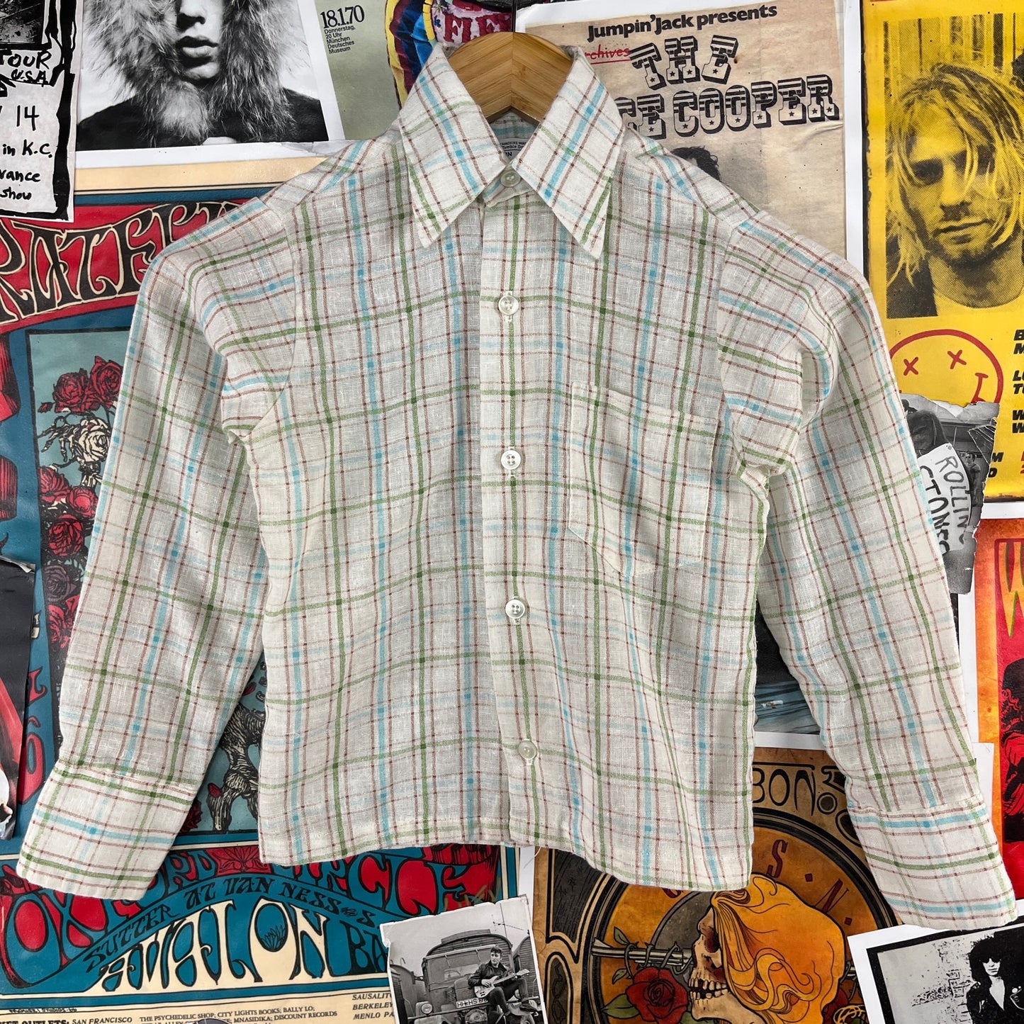 Retro Vintage Kids Boys 70s-80s White Brown Blue Green Plaid Long Sleeve JCPenney Button Up Shirt Size 7