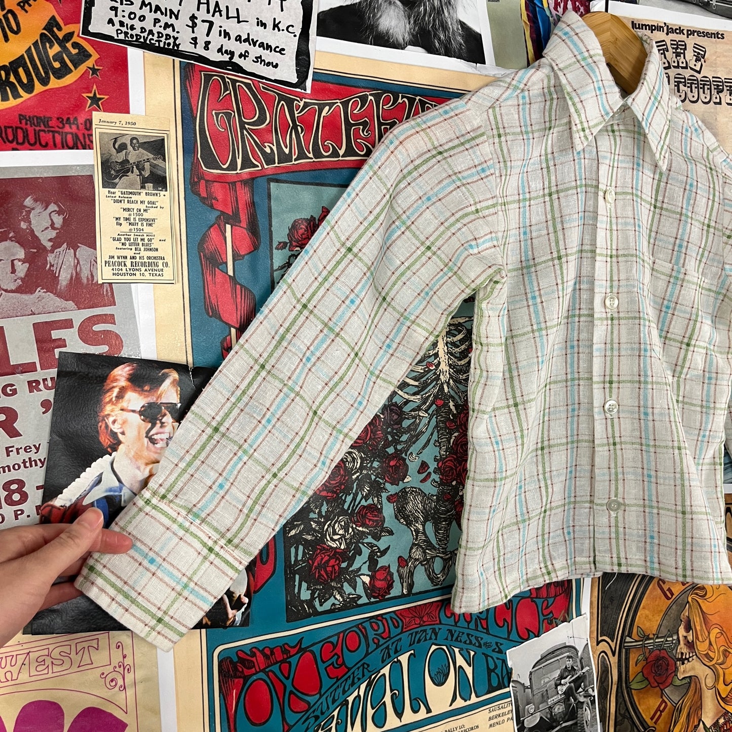 Retro Vintage Kids Boys 70s-80s White Brown Blue Green Plaid Long Sleeve JCPenney Button Up Shirt Size 7