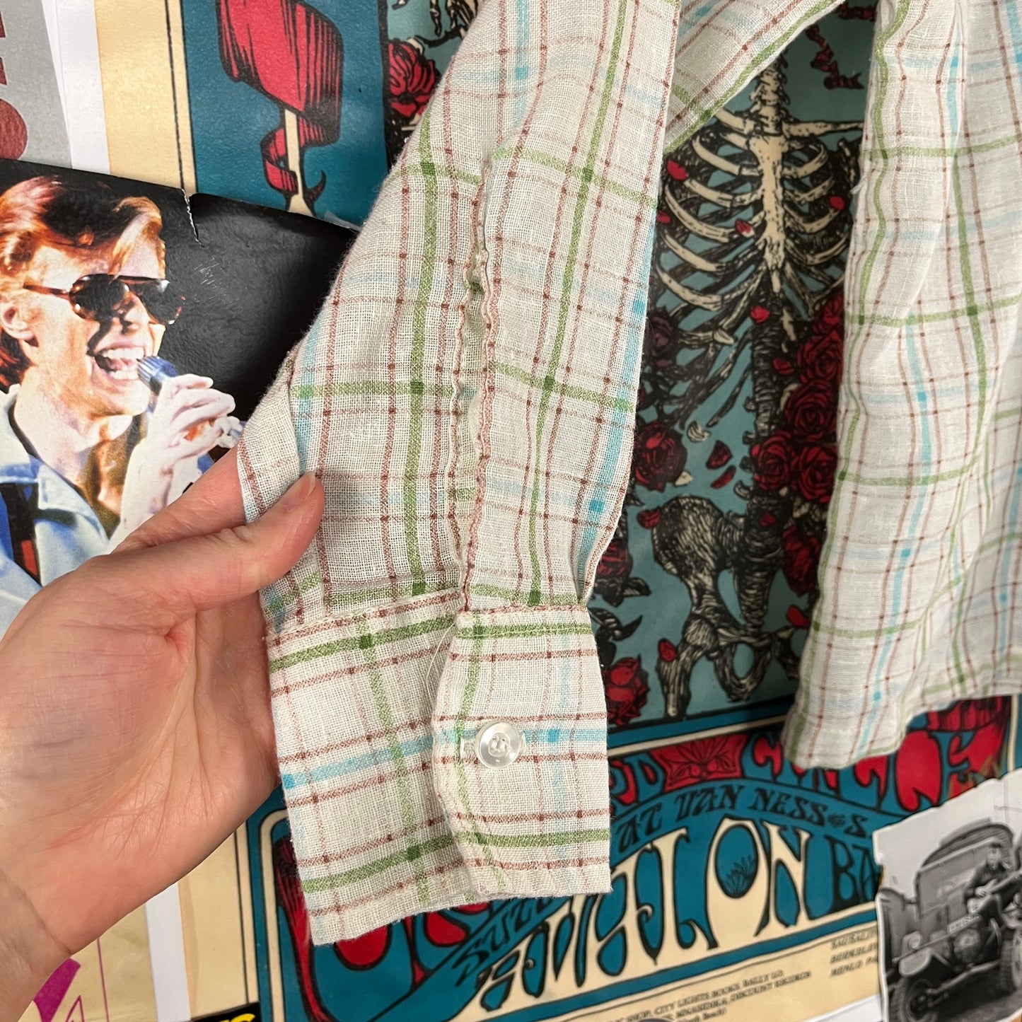 Retro Vintage Kids Boys 70s-80s White Brown Blue Green Plaid Long Sleeve JCPenney Button Up Shirt Size 7
