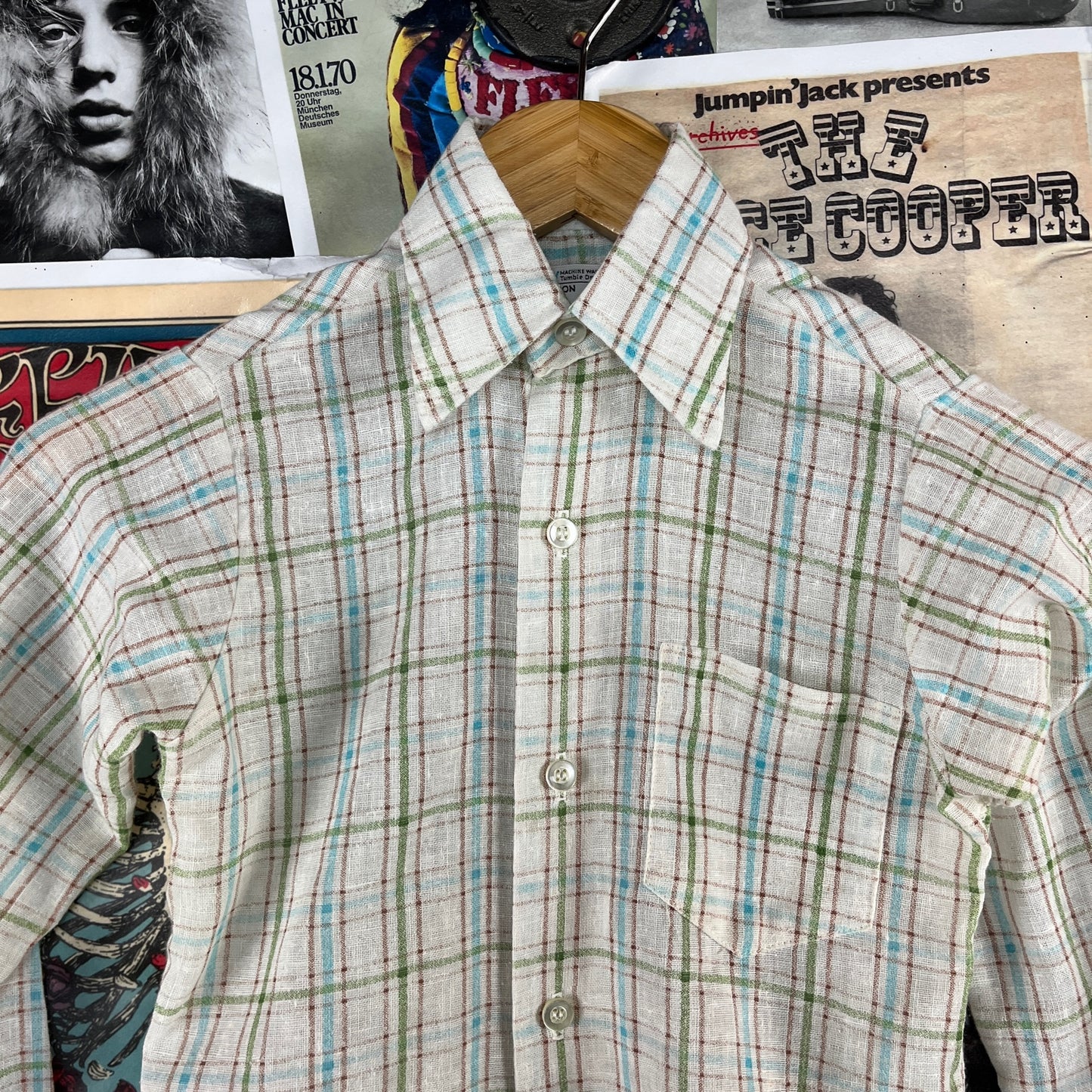 Retro Vintage Kids Boys 70s-80s White Brown Blue Green Plaid Long Sleeve JCPenney Button Up Shirt Size 7