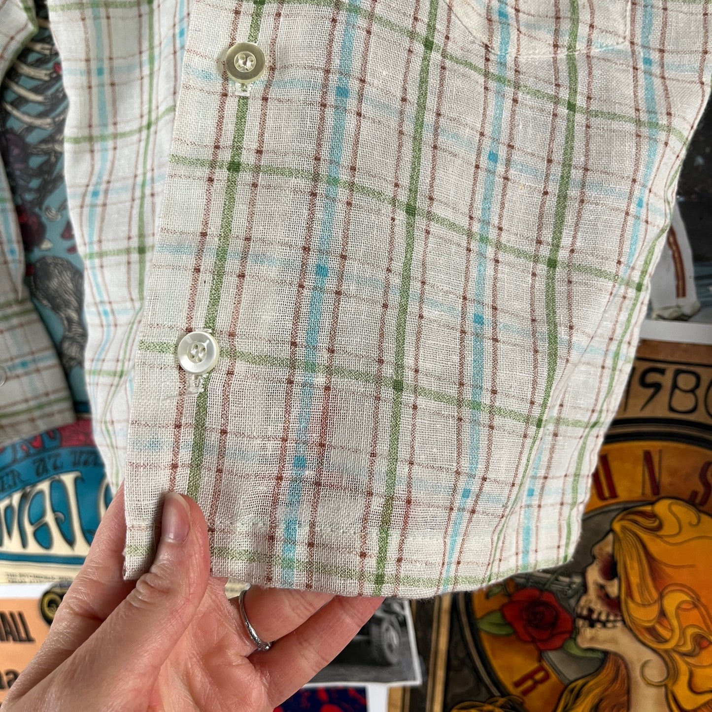 Retro Vintage Kids Boys 70s-80s White Brown Blue Green Plaid Long Sleeve JCPenney Button Up Shirt Size 7