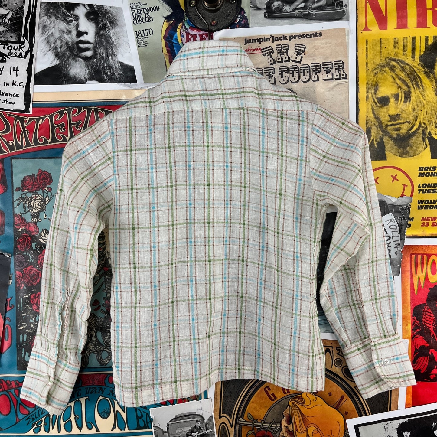 Retro Vintage Kids Boys 70s-80s White Brown Blue Green Plaid Long Sleeve JCPenney Button Up Shirt Size 7