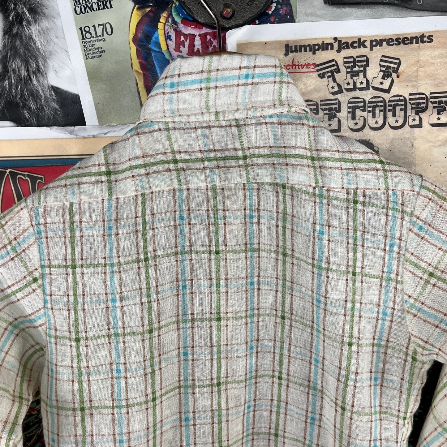 Retro Vintage Kids Boys 70s-80s White Brown Blue Green Plaid Long Sleeve JCPenney Button Up Shirt Size 7