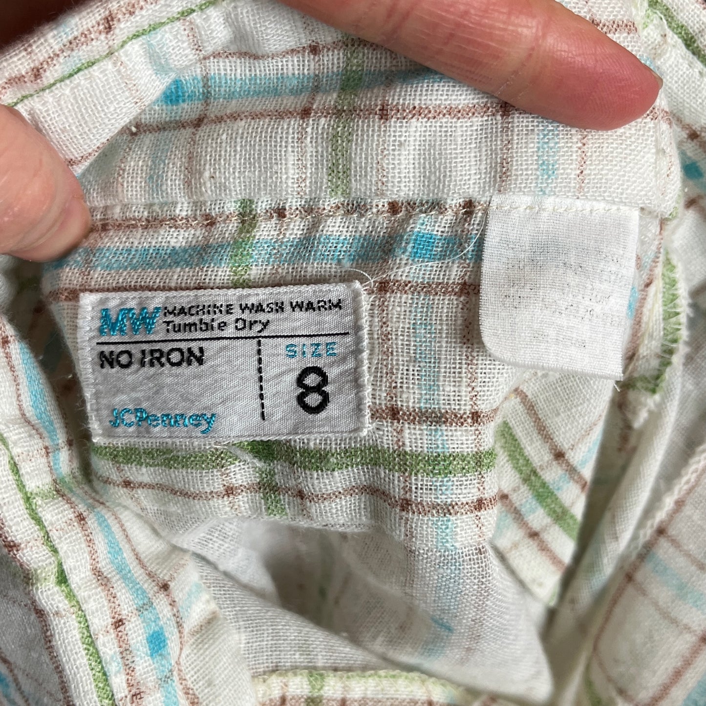 Retro Vintage Kids Boys 70s-80s White Brown Blue Green Plaid Long Sleeve JCPenney Button Up Shirt Size 7