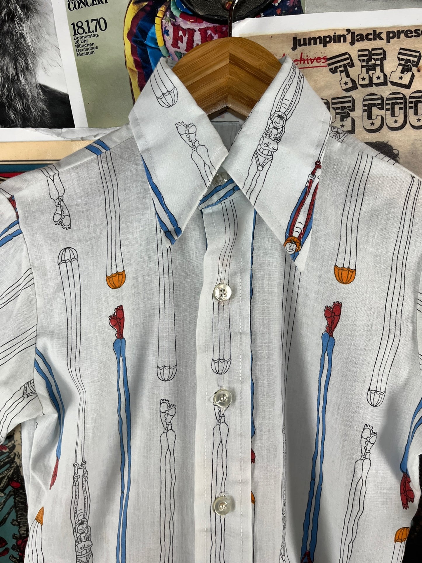 Vintage Boys Kids 70s Wrangler Parachuter Novelty Print Wrangler Button Up Disco Dress Shirt Size 10 Age 8-9