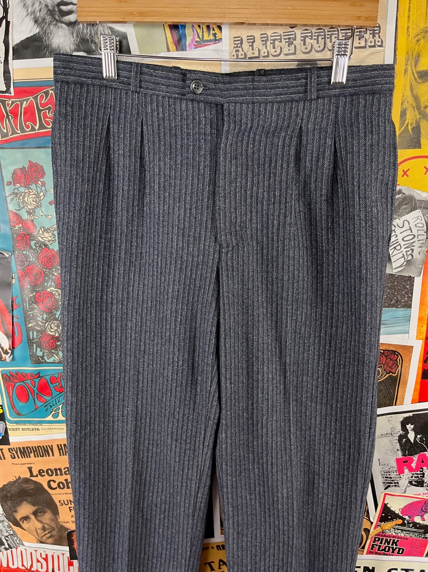 Vintage Mens 90s Blue Pinstripe RPM Wool Trouser Pants 32x35 Tailored Old Money Style Menswear
