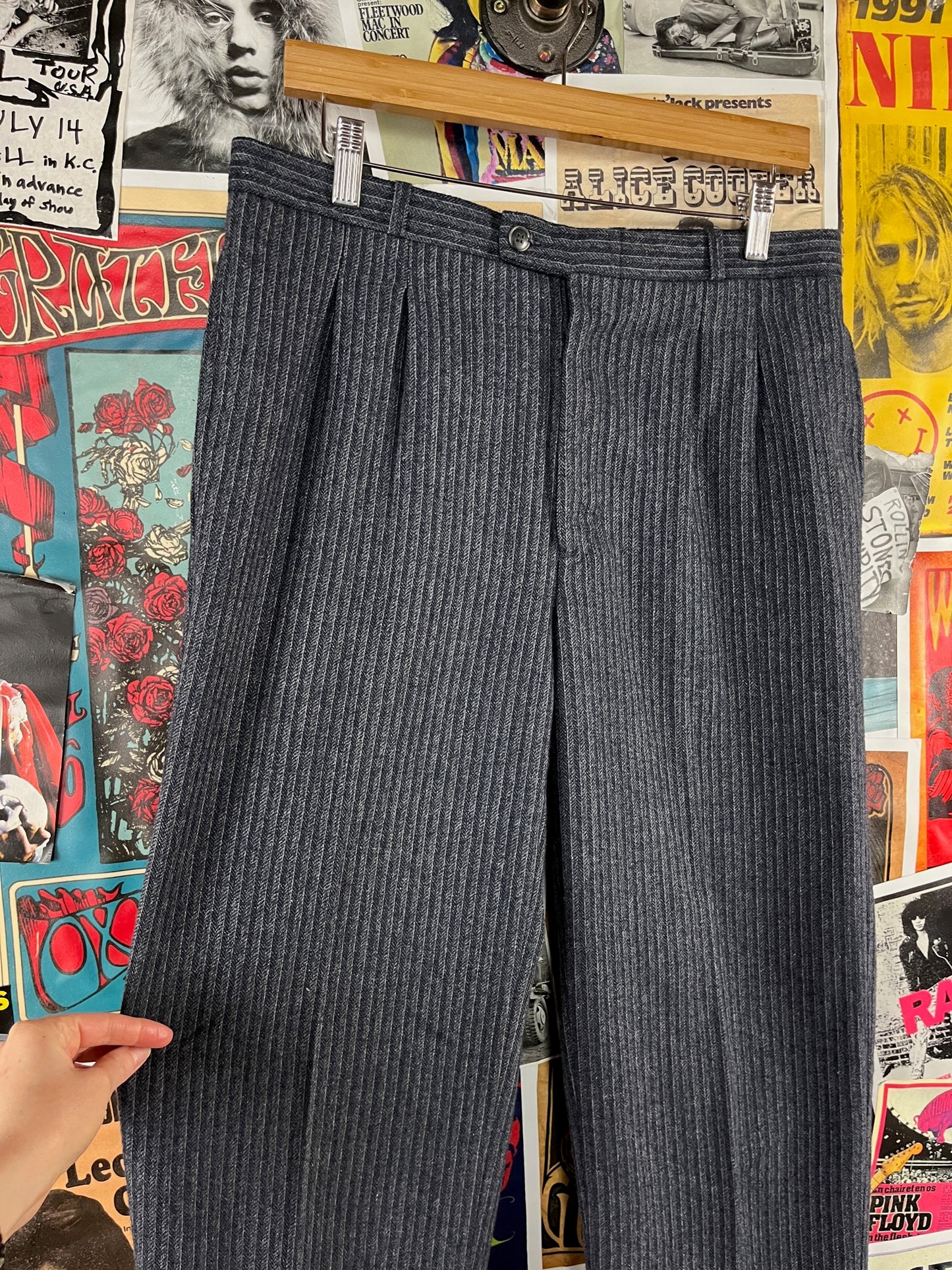 Vintage Mens 90s Blue Pinstripe RPM Wool Trouser Pants 32x35 Tailored Old Money Style Menswear