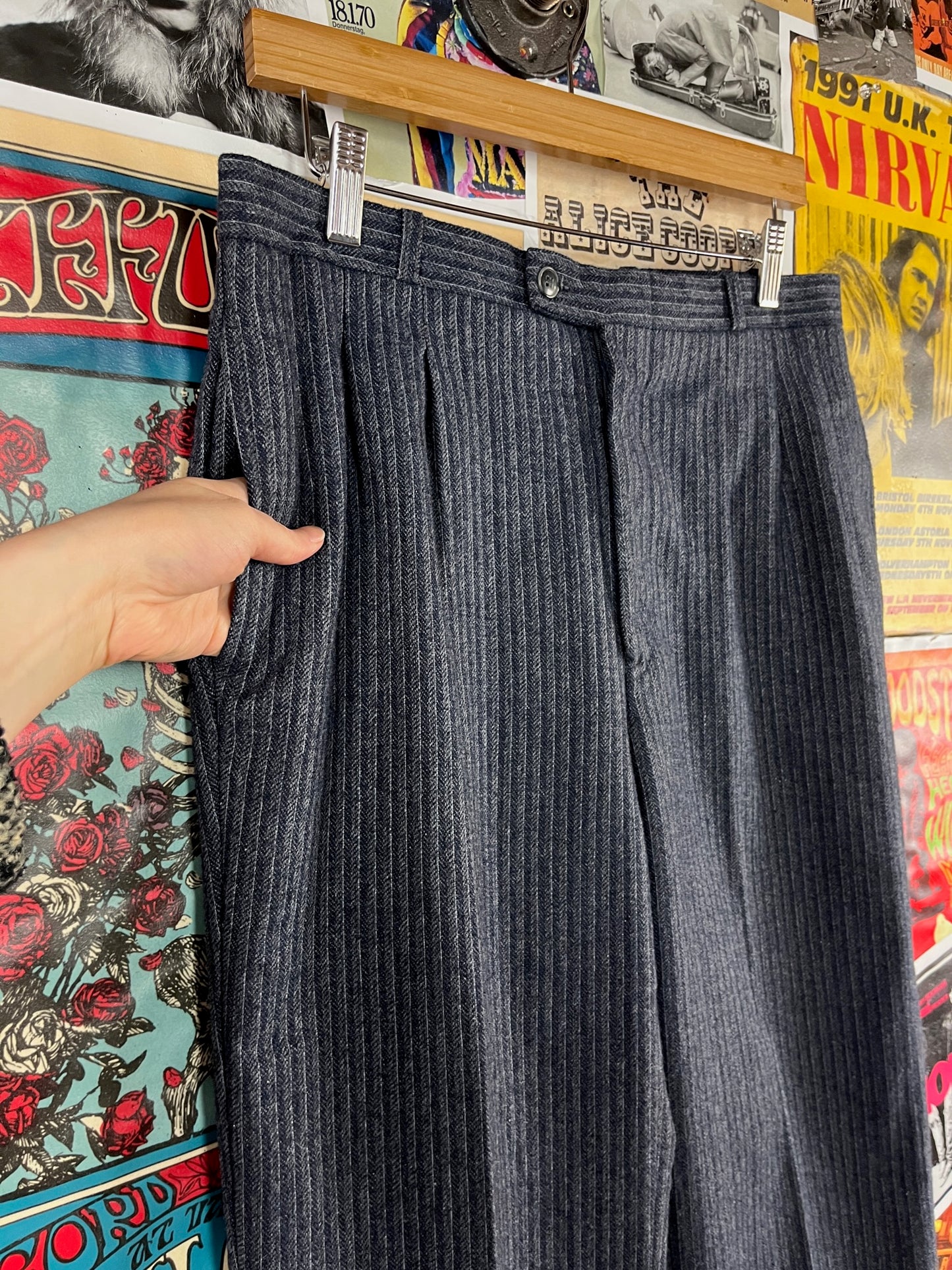 Vintage Mens 90s Blue Pinstripe RPM Wool Trouser Pants 32x35 Tailored Old Money Style Menswear