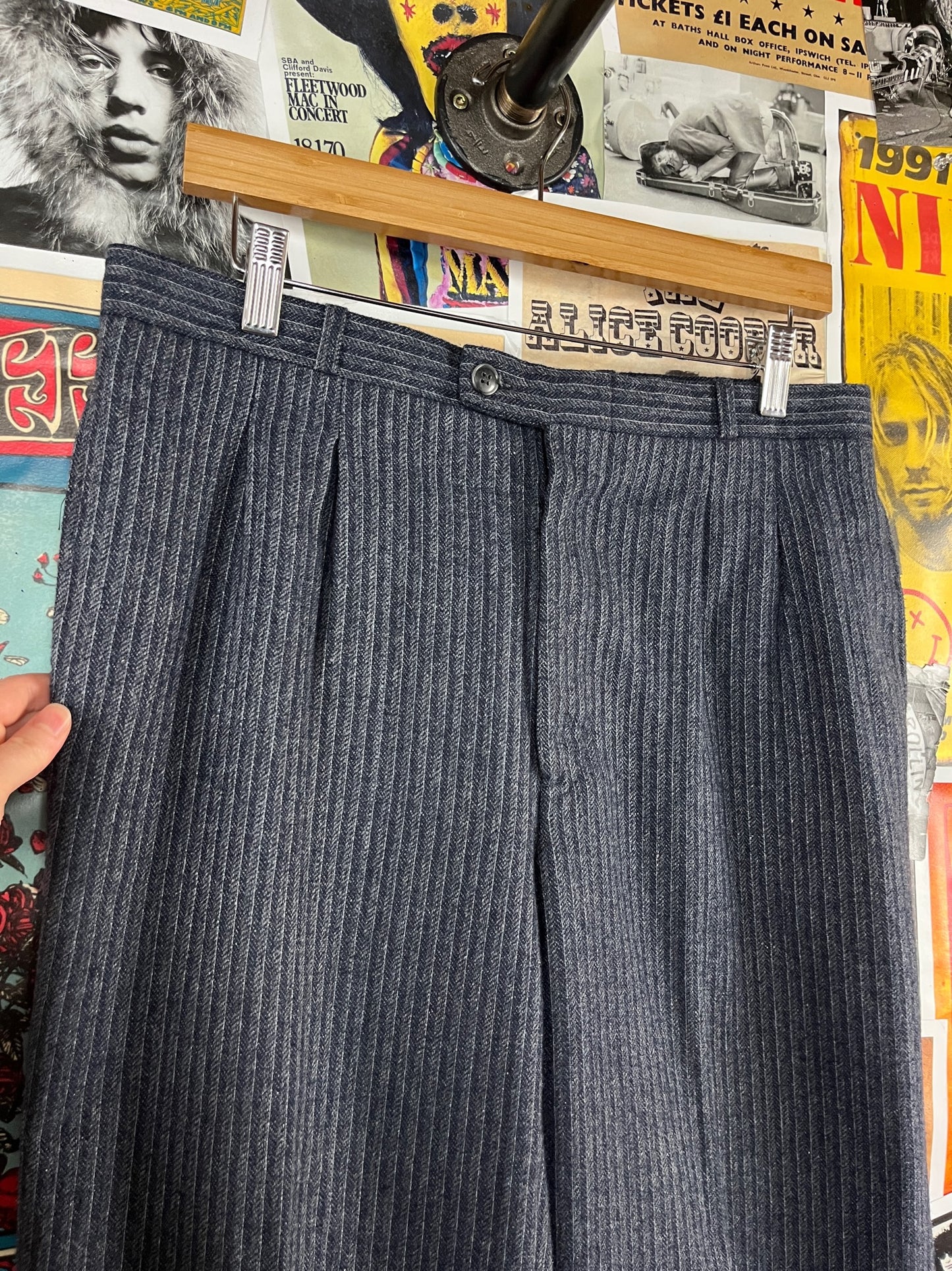 Vintage Mens 90s Blue Pinstripe RPM Wool Trouser Pants 32x35 Tailored Old Money Style Menswear