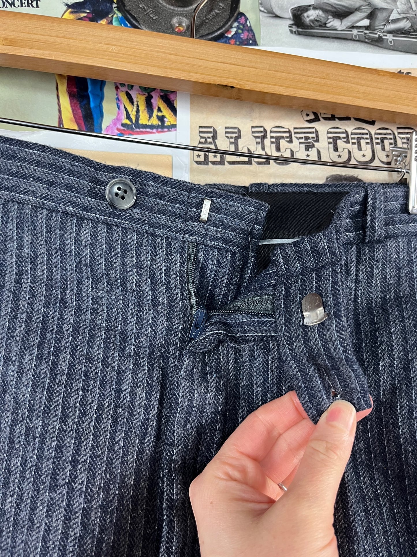 Vintage Mens 90s Blue Pinstripe RPM Wool Trouser Pants 32x35 Tailored Old Money Style Menswear