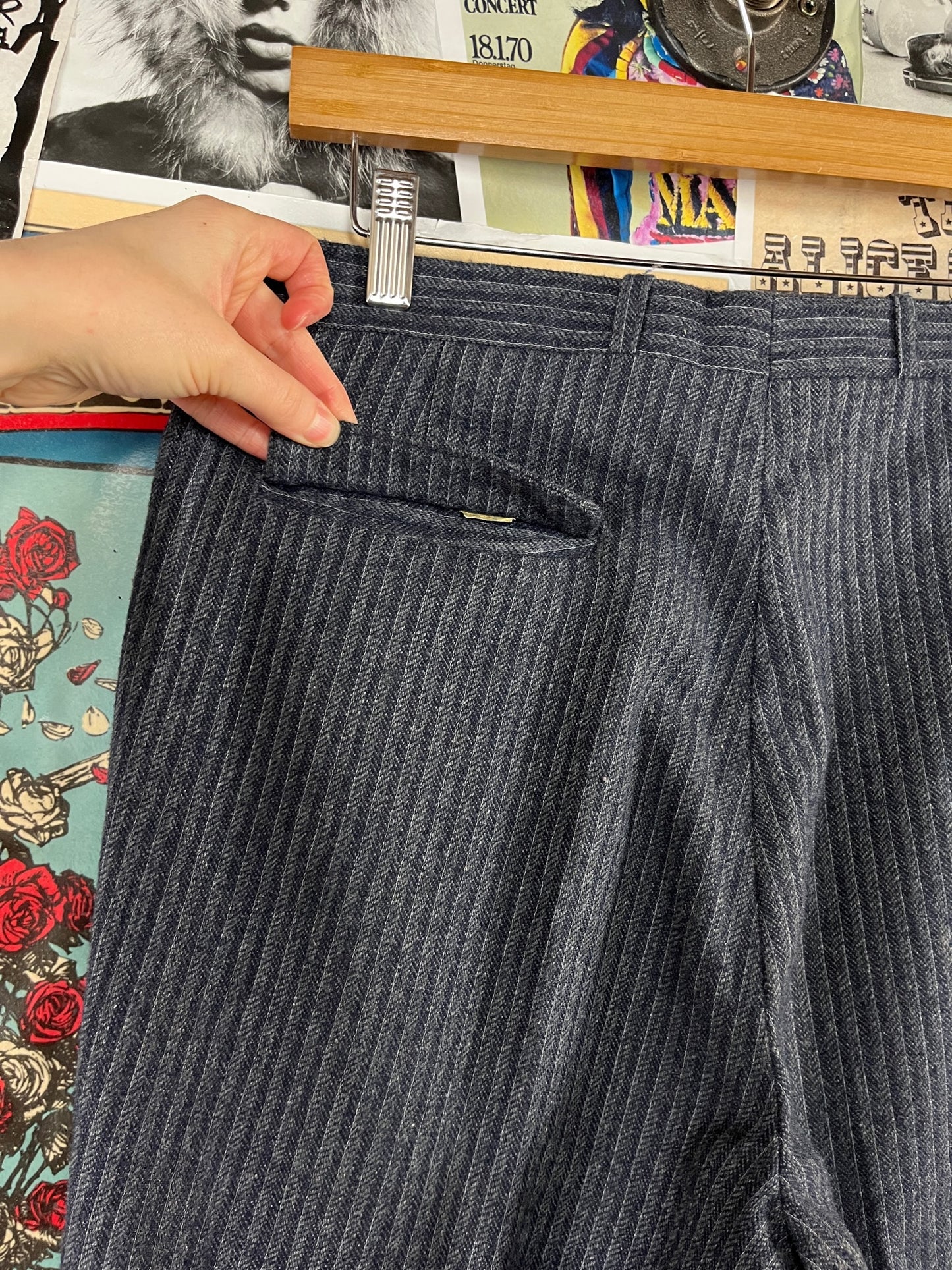 Vintage Mens 90s Blue Pinstripe RPM Wool Trouser Pants 32x35 Tailored Old Money Style Menswear
