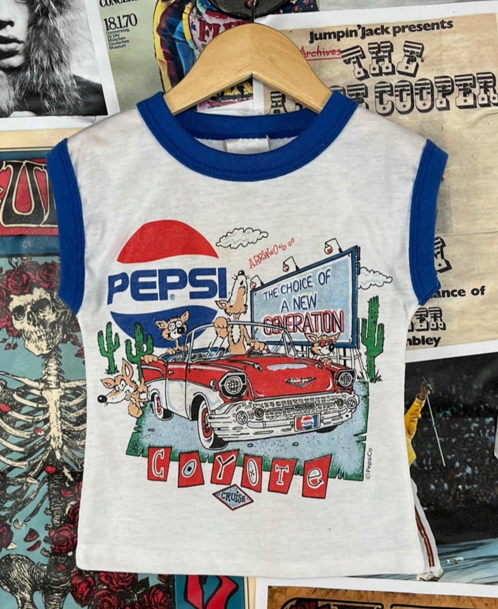 Vintage retro toddler kids 80s Pepsi Cola coyote cruise cartoon graphic sleeveless tank top t-shirt 3T
