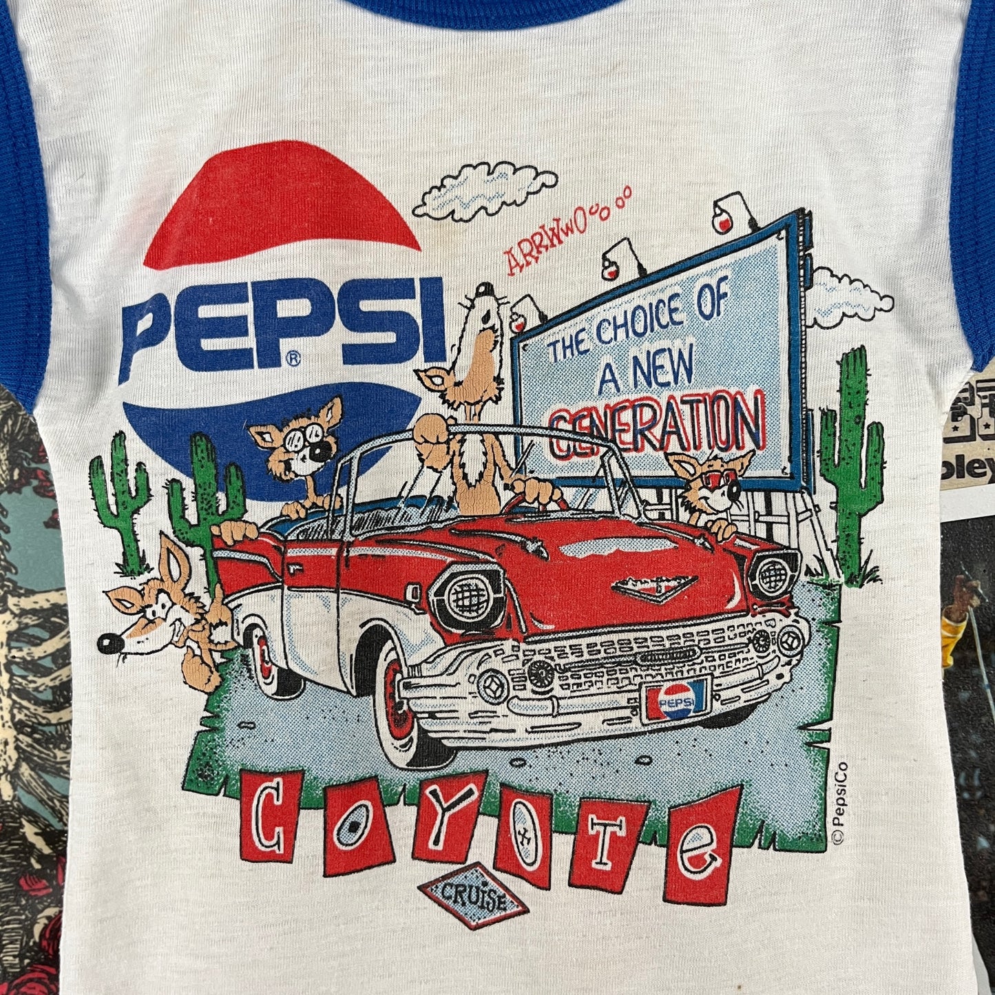 Vintage Toddler Kids Retro 80s Pepsi Cola Coyote Cruise Advertising Pop Culture Graphic Ringer Crewneck Sleeveless Tank Top T-Shirt 3T