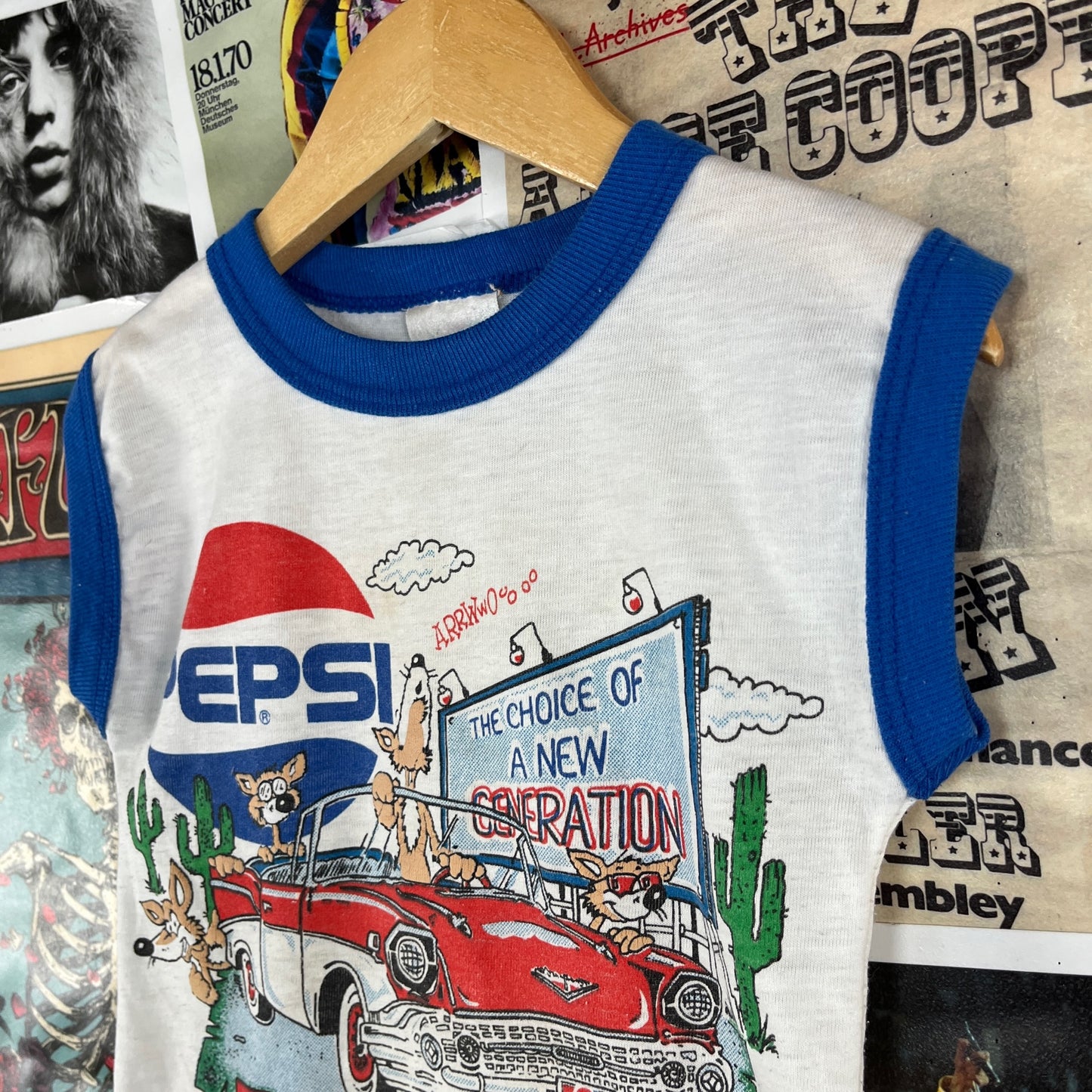 Vintage Toddler Kids Retro 80s Pepsi Cola Coyote Cruise Advertising Pop Culture Graphic Ringer Crewneck Sleeveless Tank Top T-Shirt 3T
