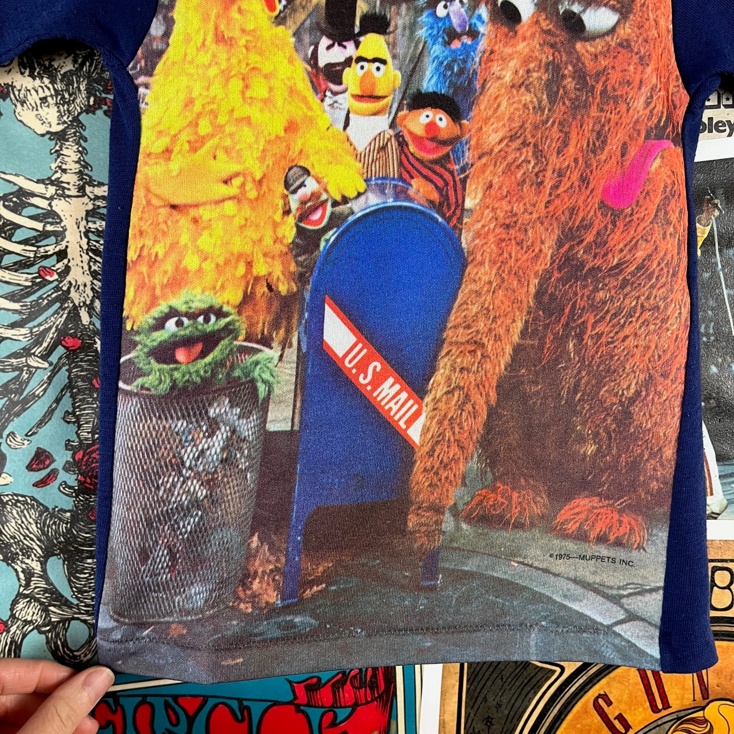 Vintage Toddler Kids 70s-80s Blue JCPenney Sesame Street Snuffleupagus Muppets Cartoon Graphic Ringer T-Shirt 3T-4T
