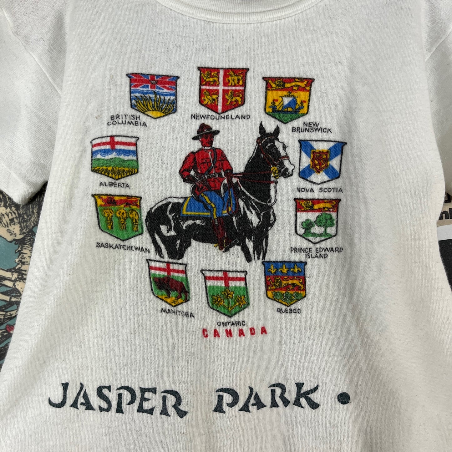 Vintage Kids 1950s-60s Jasper Park Canada Souvenir Irwin Specialties Graphic Crewneck Tee T-Shirt Size 7 Age 6-7