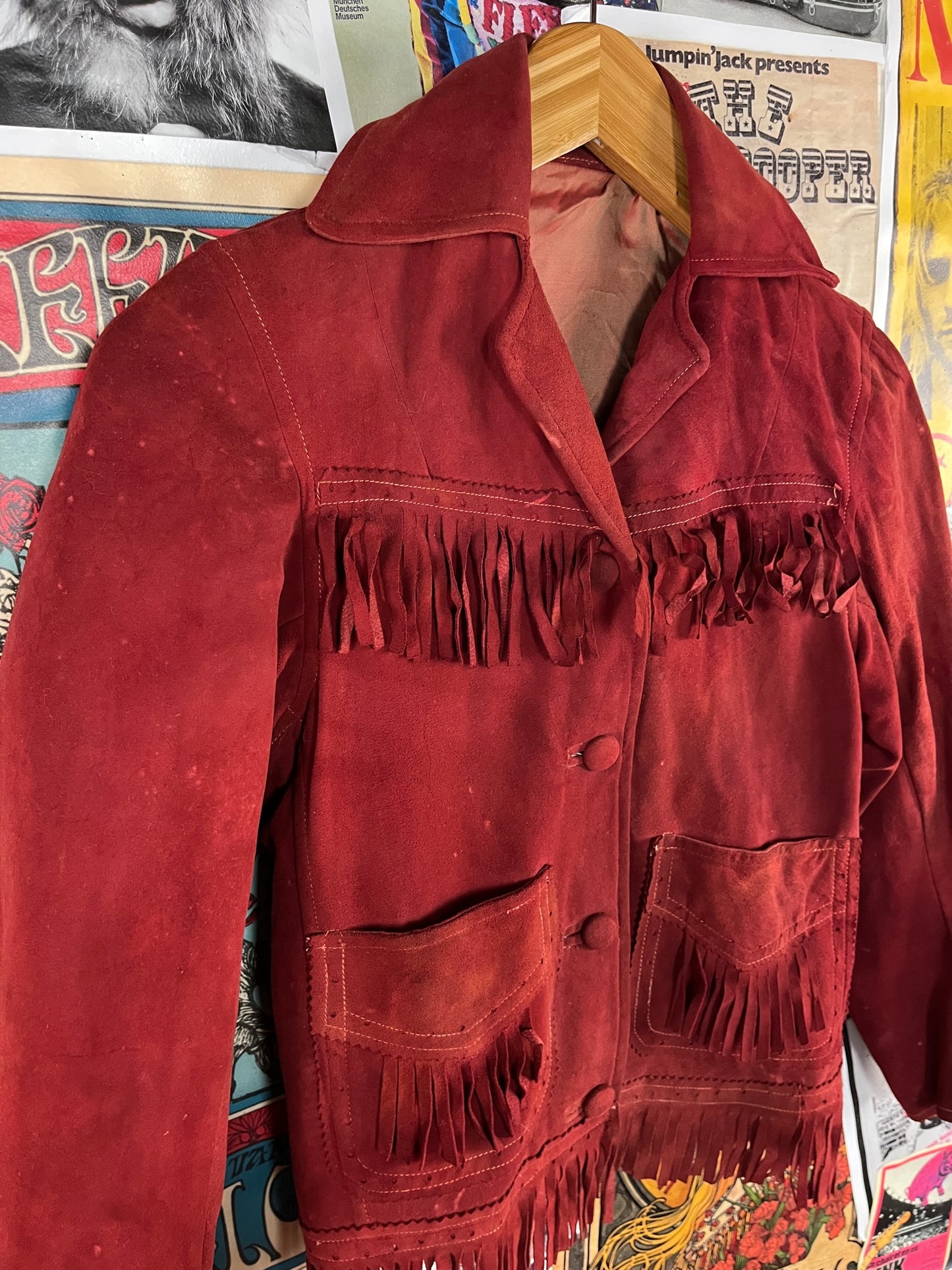 Vintage Girls Kids 40s-50s Rust Red Suede Fringe Tassel Franca Two Pocket Western Rockabilly Jacket Size 14 Ages 10-11