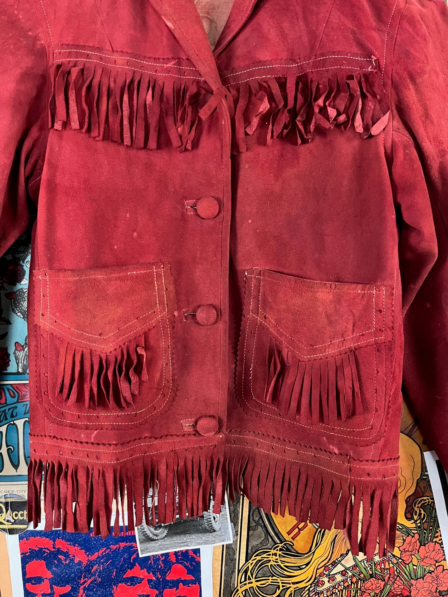 Vintage Girls Kids 40s-50s Rust Red Suede Fringe Tassel Franca Two Pocket Western Rockabilly Jacket Size 14 Ages 10-11