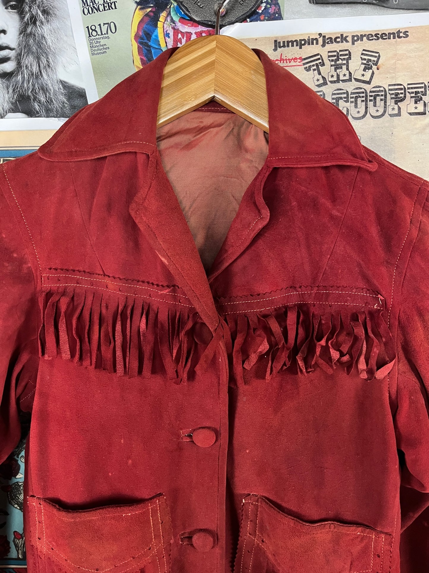 Vintage Girls Kids 40s-50s Rust Red Suede Fringe Tassel Franca Two Pocket Western Rockabilly Jacket Size 14 Ages 10-11