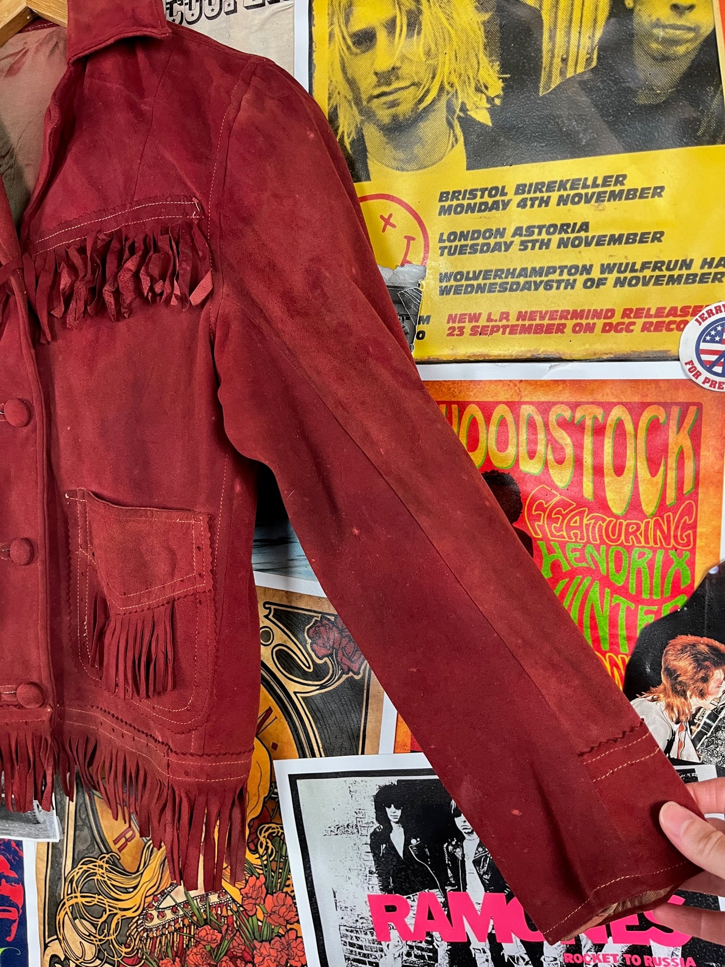 Vintage Girls Kids 40s-50s Rust Red Suede Fringe Tassel Franca Two Pocket Western Rockabilly Jacket Size 14 Ages 10-11
