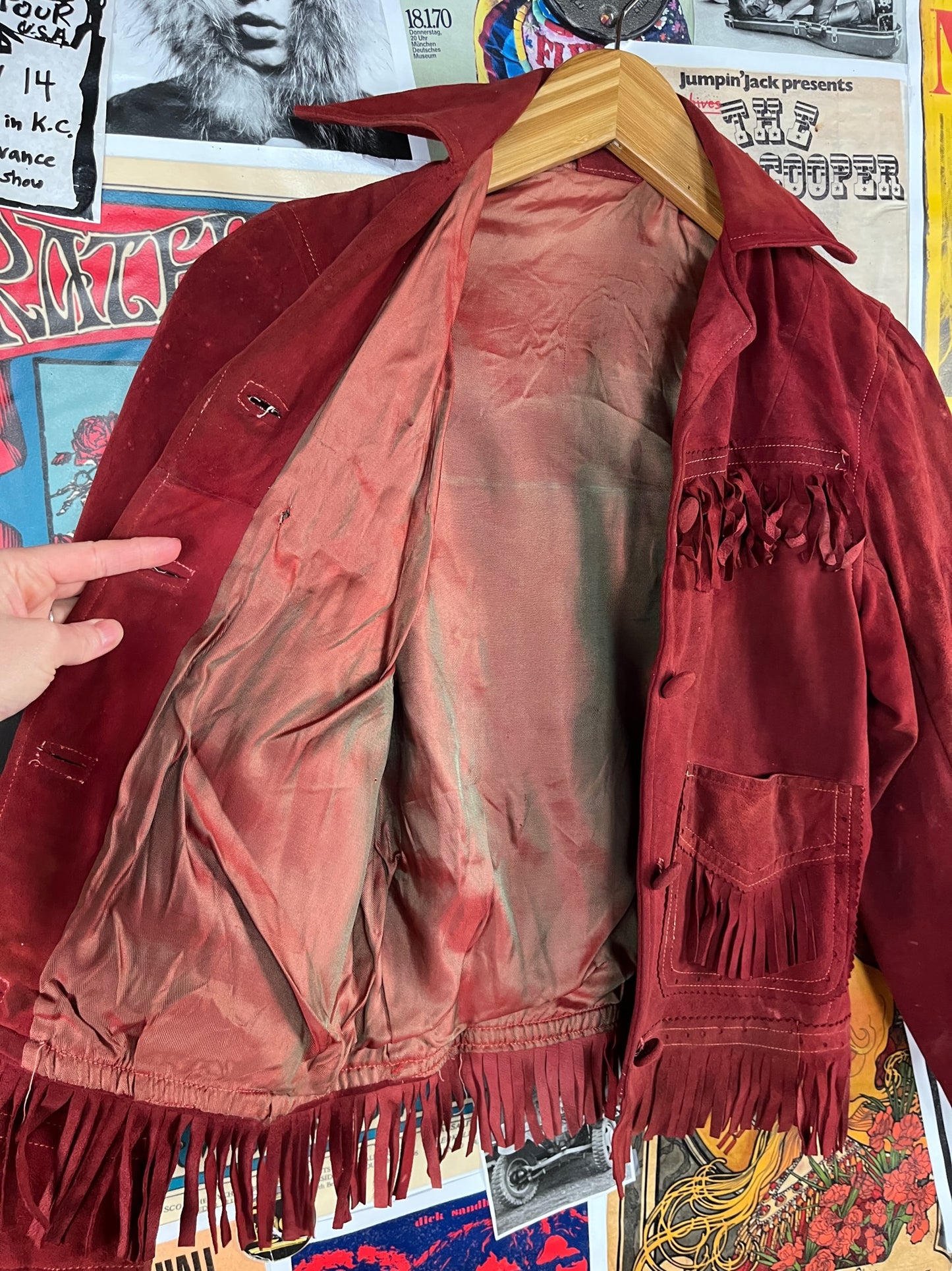 Vintage Girls Kids 40s-50s Rust Red Suede Fringe Tassel Franca Two Pocket Western Rockabilly Jacket Size 14 Ages 10-11